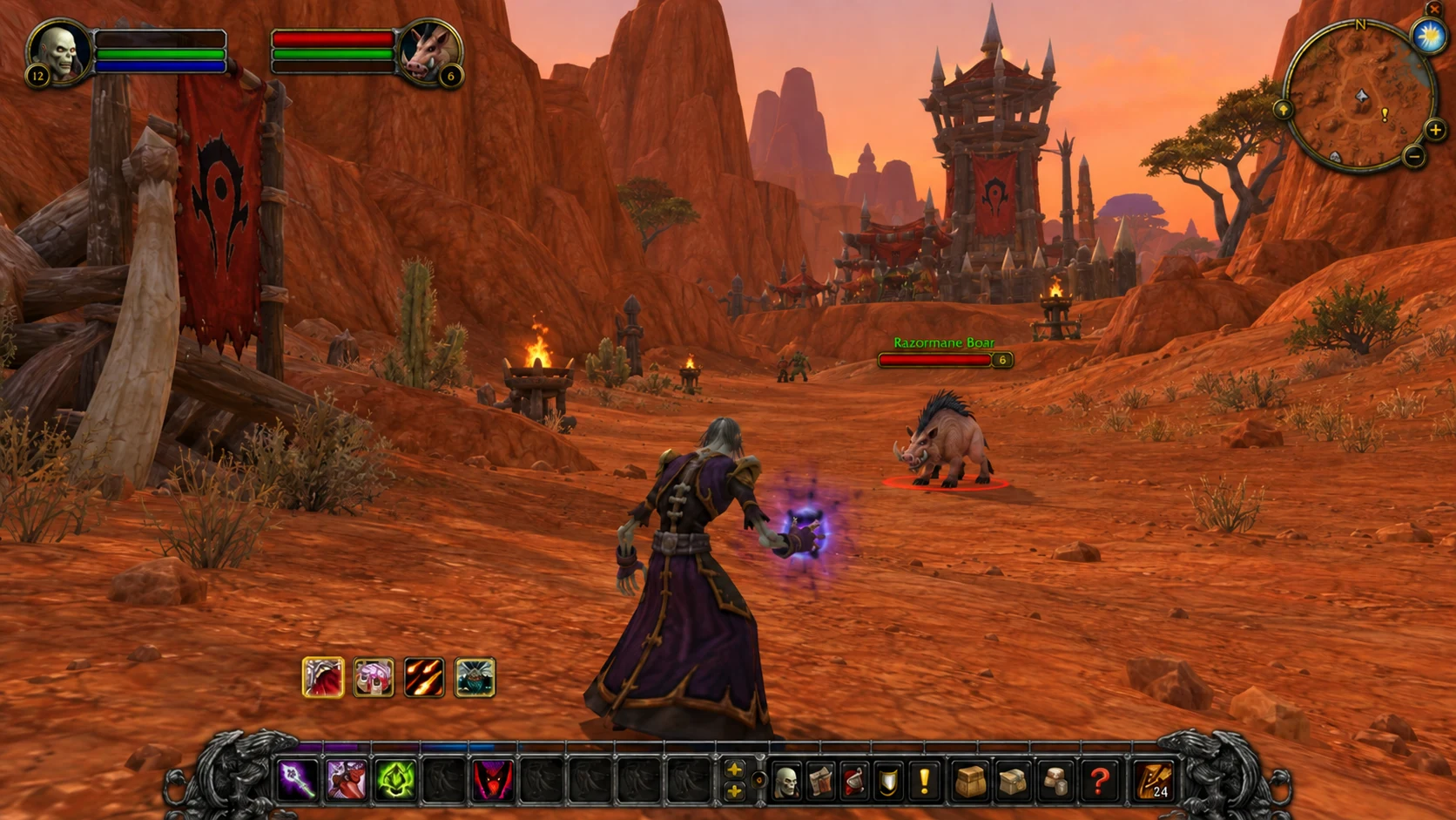 Illustrative WoW scene with a warlock in Durotar and a compact four-icon companion overlay just above the action bars