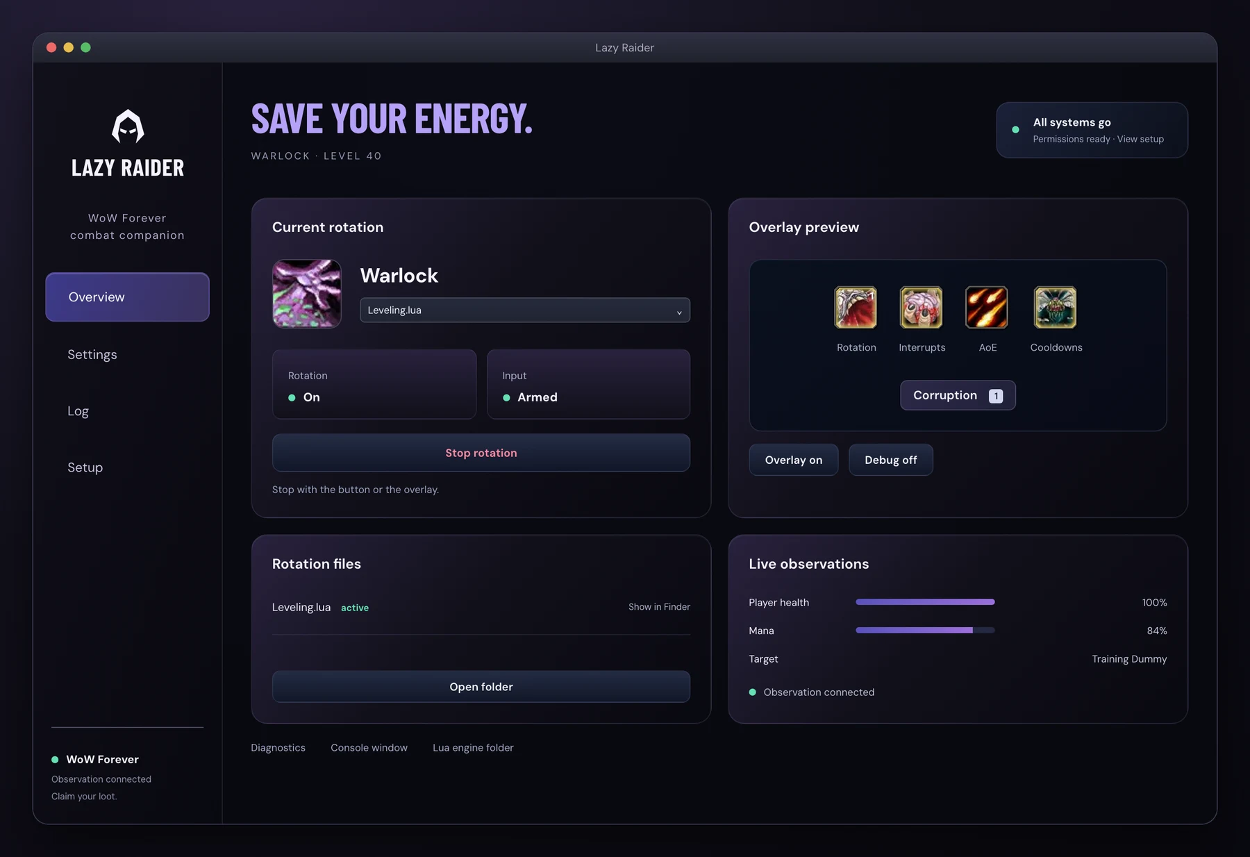 App overview showing rotation selection, the four-icon overlay, rotation files, permissions and live health and mana observations