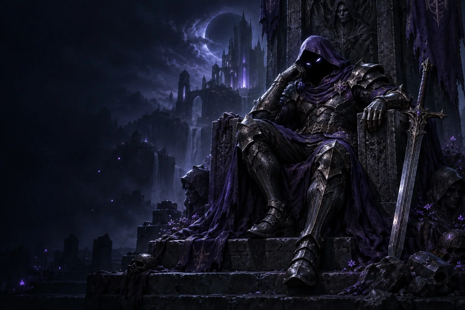 A hooded raider relaxing on a stone throne, sword at his side